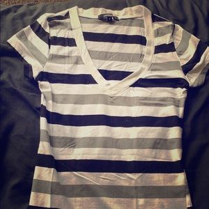 Black white and green striped V-neck T-shirt